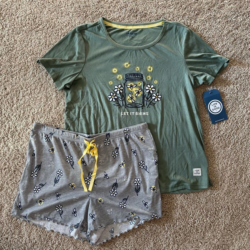 Life Is Good 2 Piece Pajama Women’s Medium Top & Shorts Let it Shine NWT